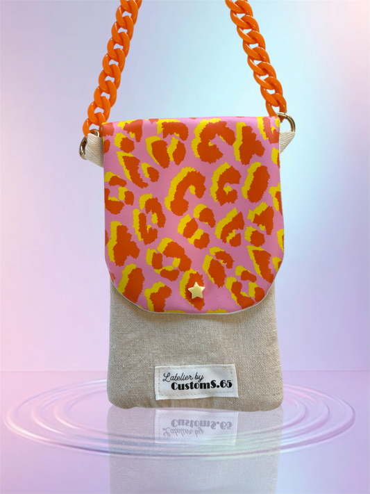Pochette téléphone rabat léopard rose/orange intérieur beige sangle orange
