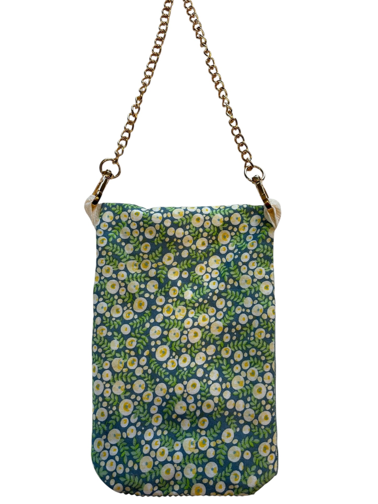 Pochette téléphone rabat fleuri vert intérieur velour côtelé vert sangle métal doré