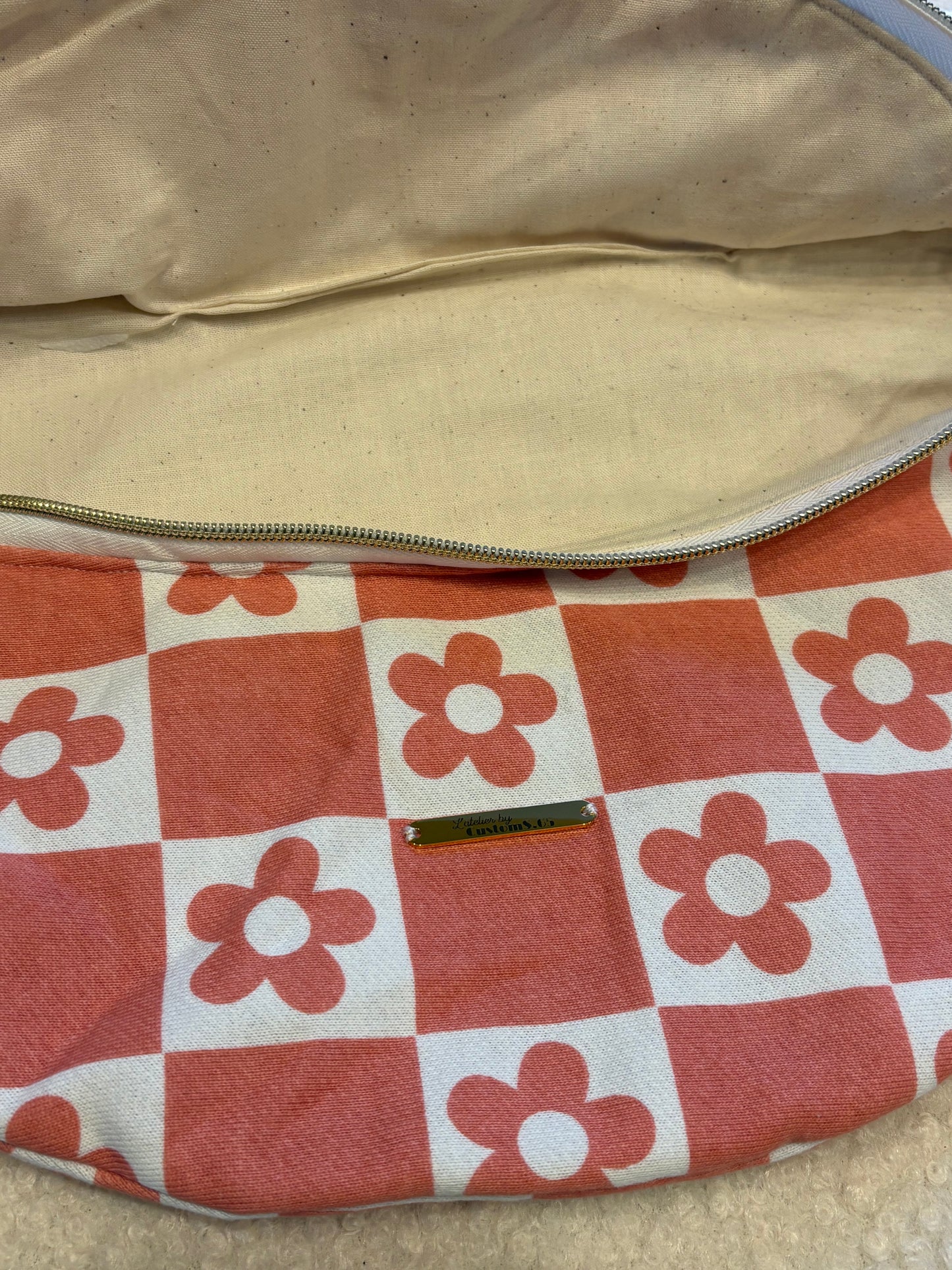 Sac banane XXL tissu sweat rouge et blanche a fleur sangle unie blanche