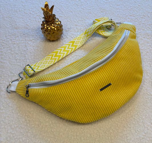 Sac banane XXL velour côtelé (fine côte) jaune sangle géométrique jaune/blanche
