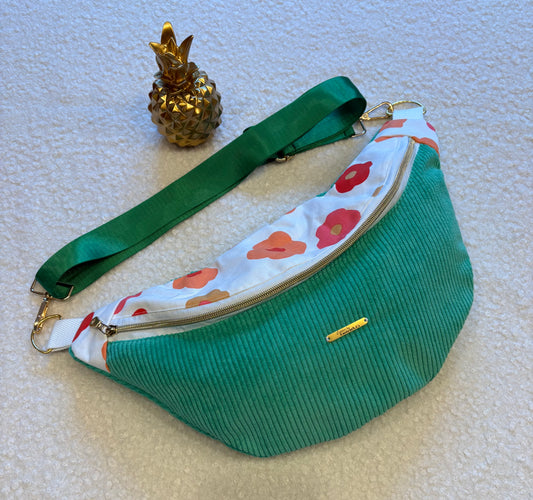 Sac banane XXL velour côtelé (fine côte) vert capot fleuri sangle unie verte