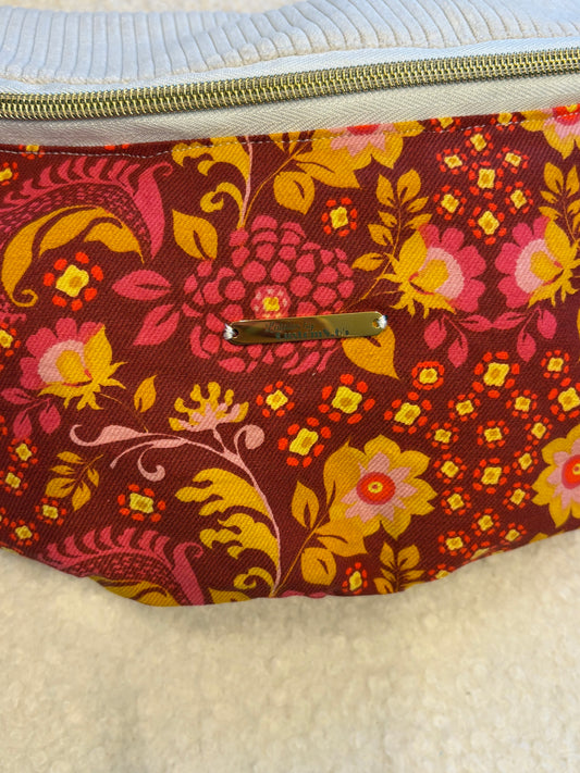 Sac banane XXL fleuri rouge orangé capot velour cotelé (fine côte) écru sangle unie écru