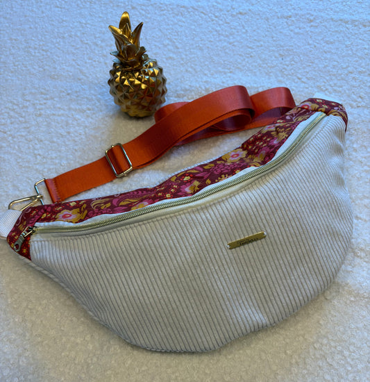 Sac banane XXL velour côtelé (fine côte) écru capot fleuri rouge orangé sangle uni orange