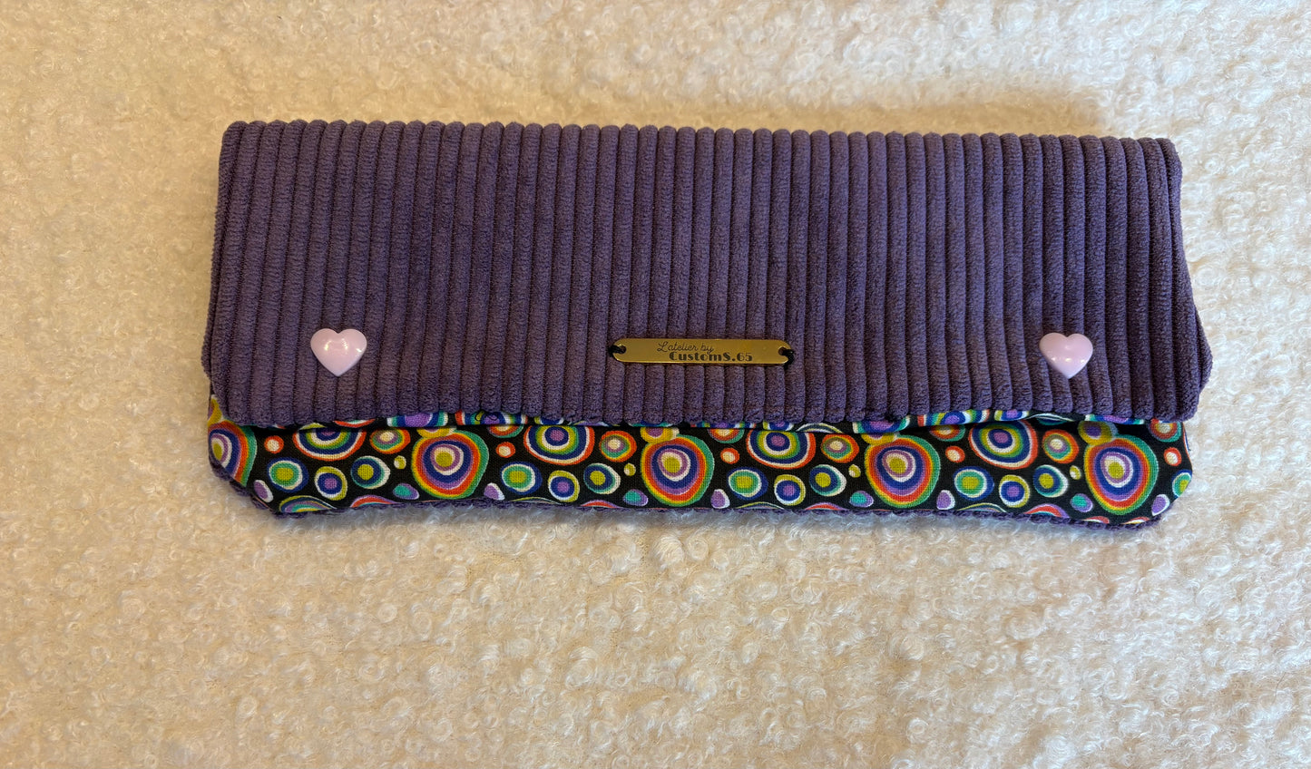 Portefeuille tissu psychédélique rabat velour côtelé violet