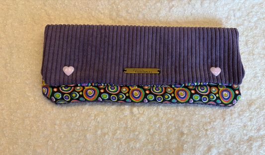 Portefeuille tissu psychédélique rabat velour côtelé violet