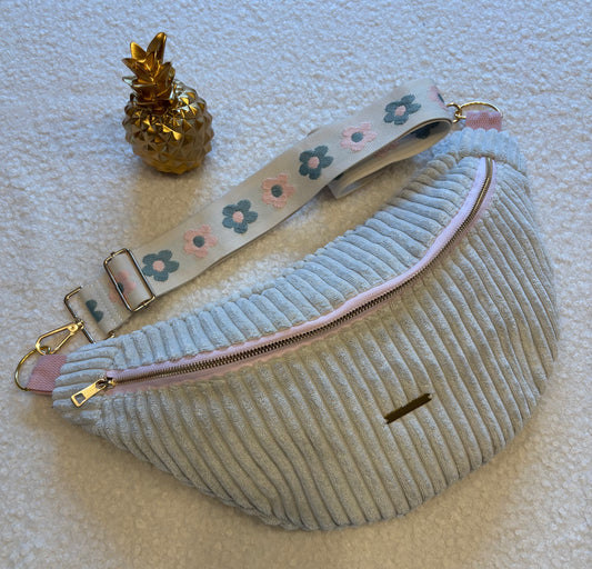 Sac banane XXL velour côtelé (large côte) écru fermeture rose sangle fleurie écru