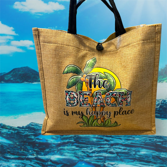 Sac Cabas toile de jute 'Beach is my happy place'