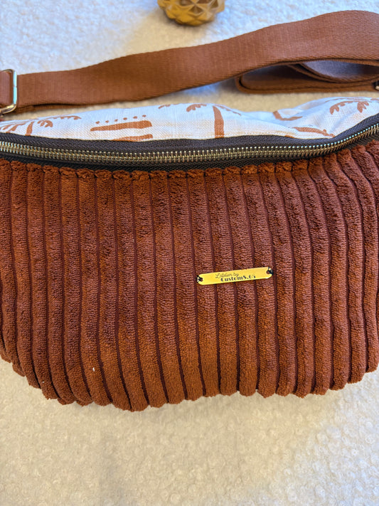 Sac banane XXL velour côtelé (large côte) camel capot palmier sangle uni marron