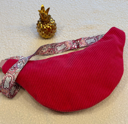 Sac banane XXL velour côtelé (fine côte) rose fuschia sangle fleurie rose