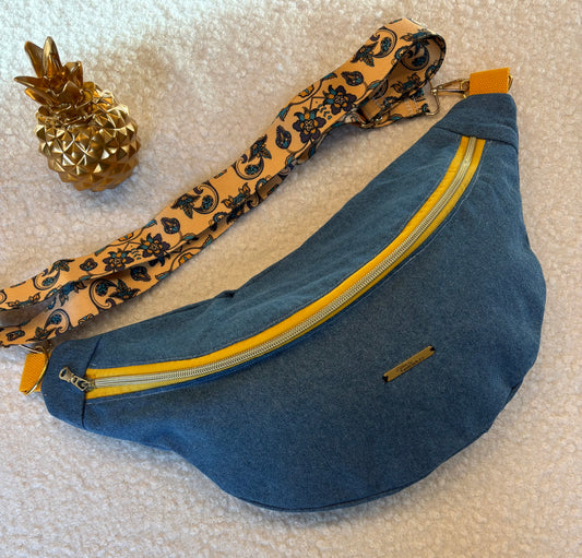 Sac banane XXL jean foncé fermeture jaune sangle fleurie jaune