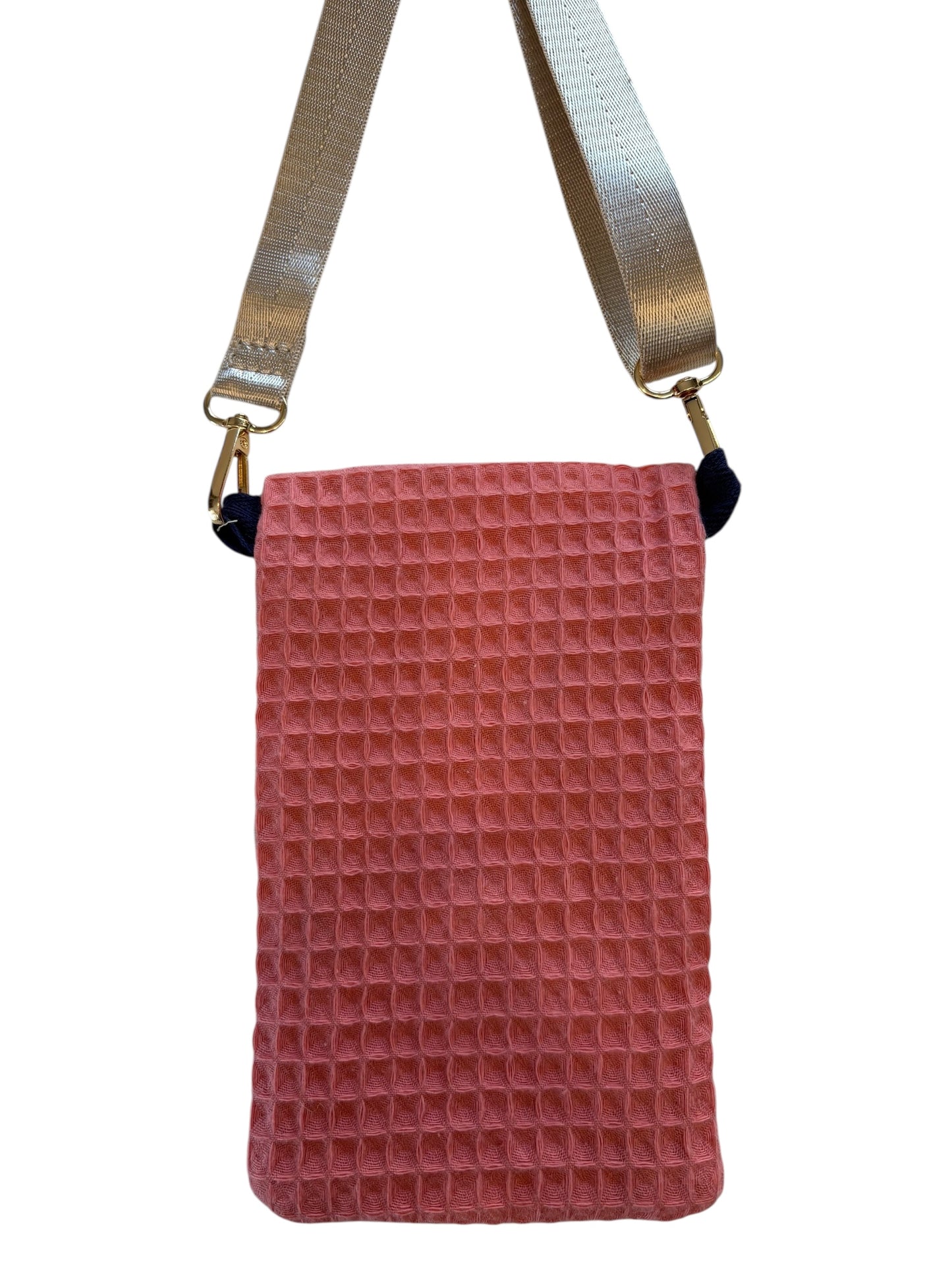Pochette téléphone rabat nid d'abeille rose intérieur fleuri sangle tissu écru