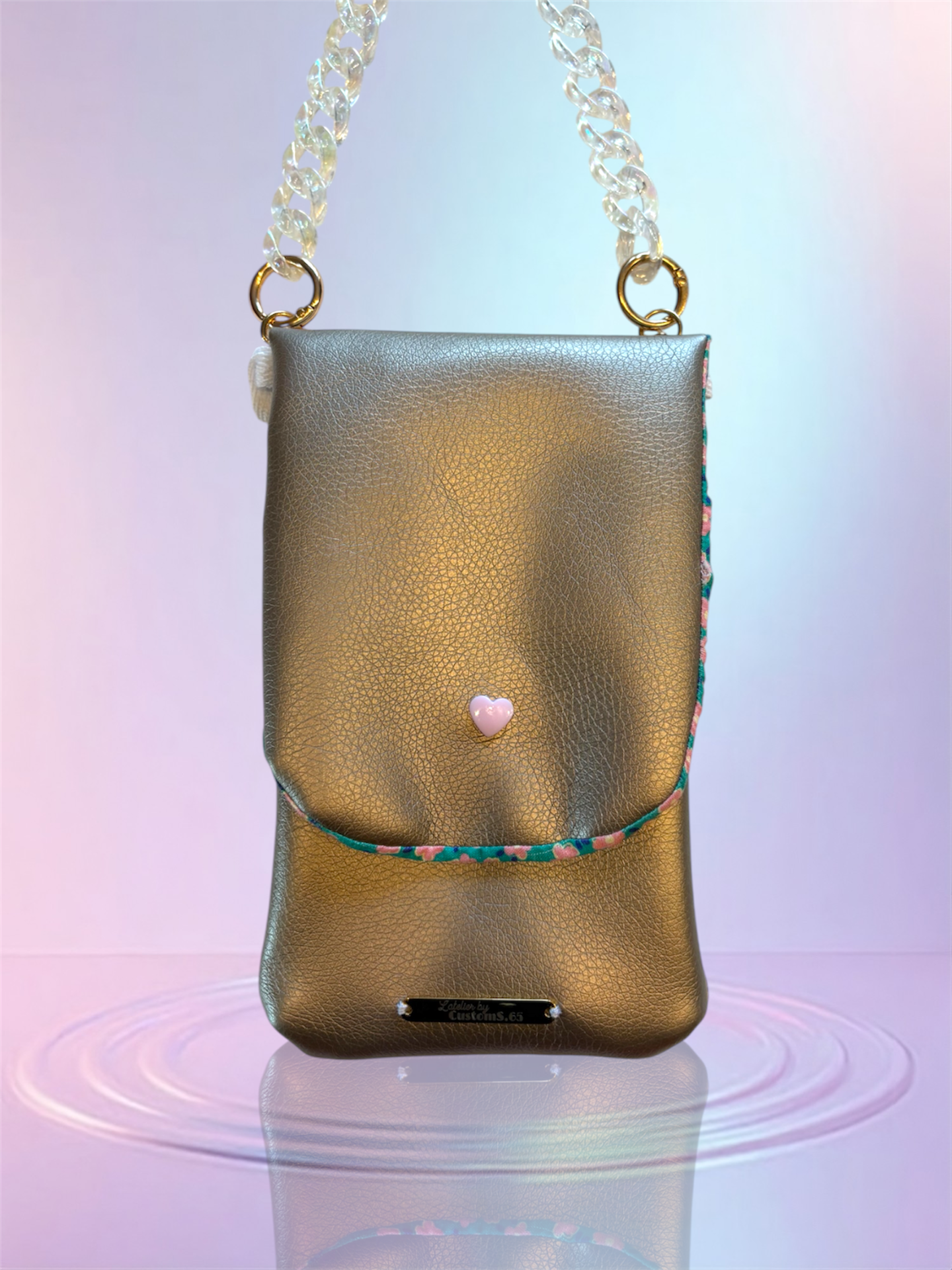 Pochette téléphone rabat simili cuir bronze intérieur simili cuir bronze sangle transparente