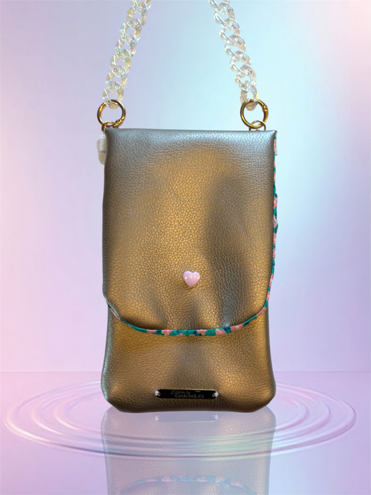 Pochette téléphone rabat simili cuir bronze intérieur simili cuir bronze sangle transparente