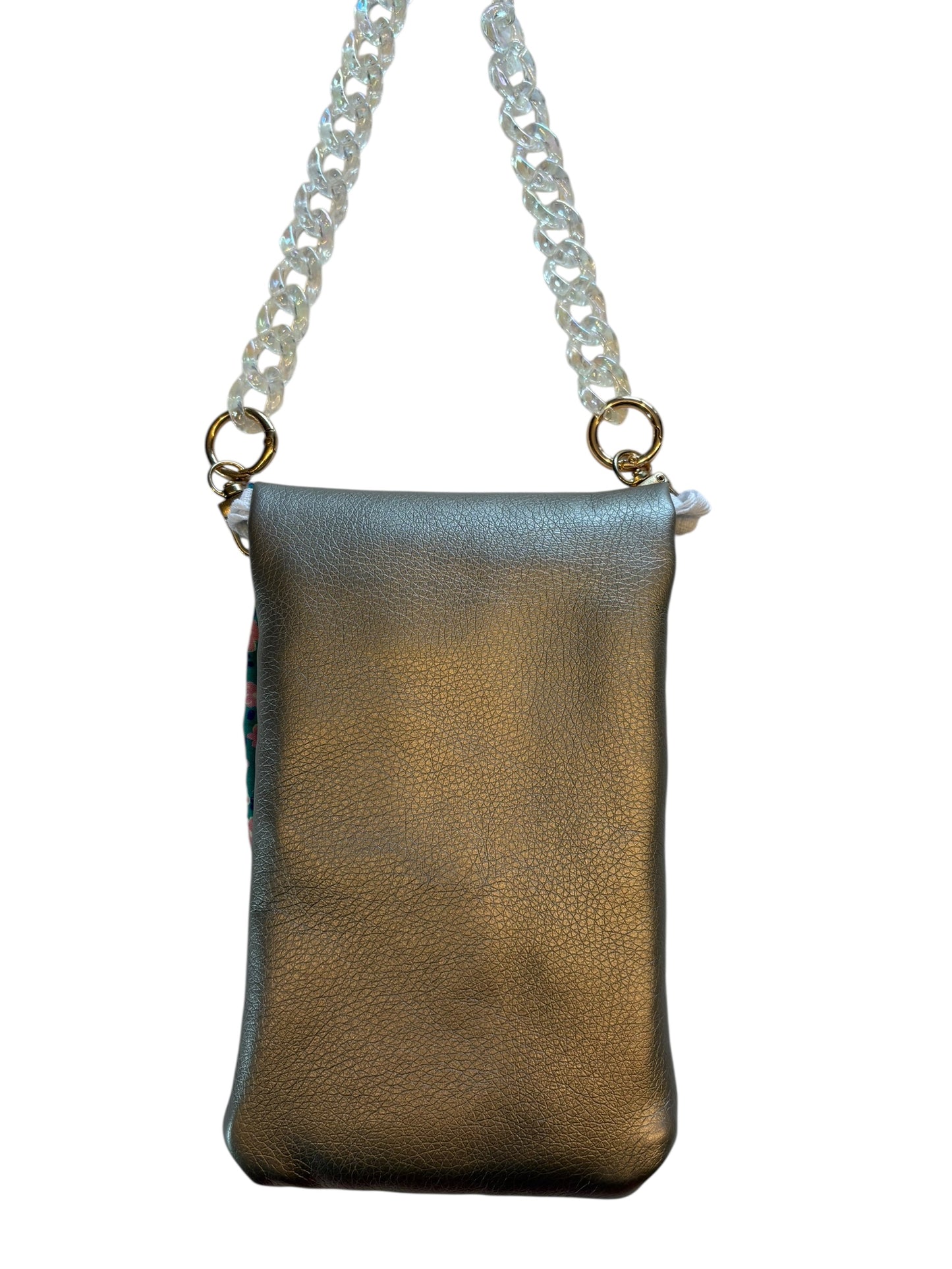 Pochette téléphone rabat simili cuir bronze intérieur simili cuir bronze sangle transparente