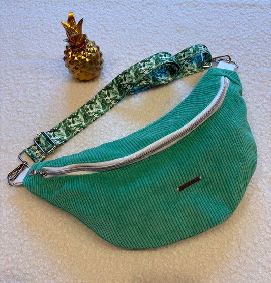Sac banane XXL velour côtelé (fine côte) vert sangle fleurie verte
