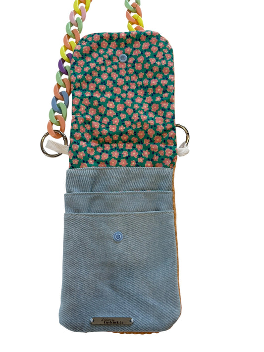 Pochette téléphone rabat nid d'abeille orange intérieur jean sangle multicolore