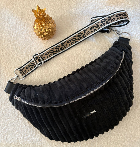 Sac banane XXL velour côtelé (trés large côte) noir sangle léopard