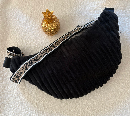 Sac banane XXL velour côtelé (trés large côte) noir sangle léopard
