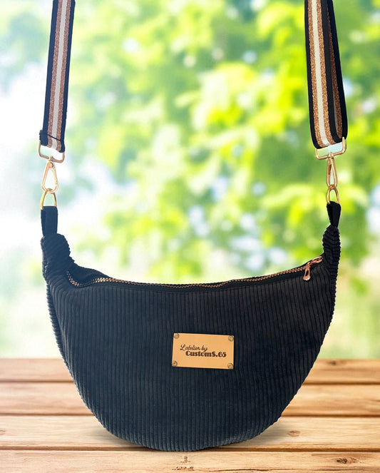 Sac demi-lune velour côtelé noir sangle noire/dorée