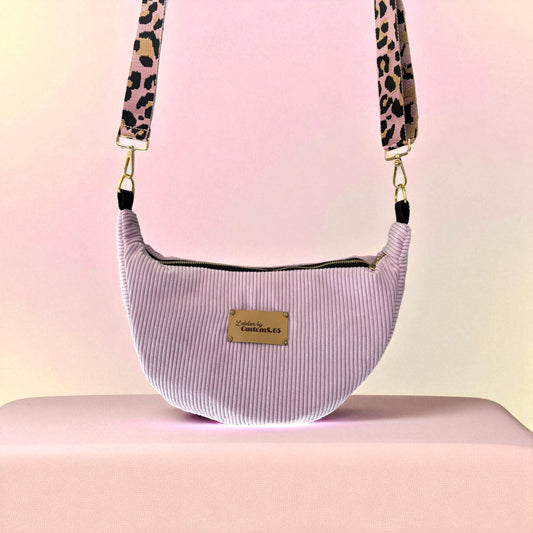 Sac demi-lune velour côtelé rose sangle léopard rose