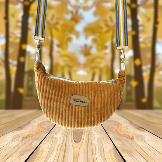 Sac demi-lune velour côtelé moutarde sangle noire et jaune