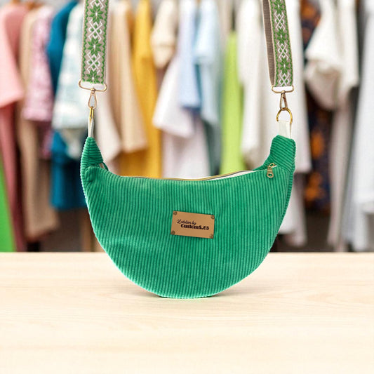 Sac demi-lune velour côtelé vert sangle verte/blanche