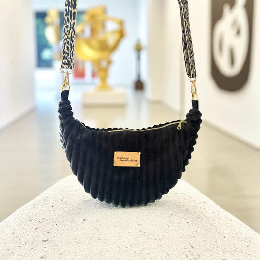 Sac demi-lune noir sangle léopard noir/doré