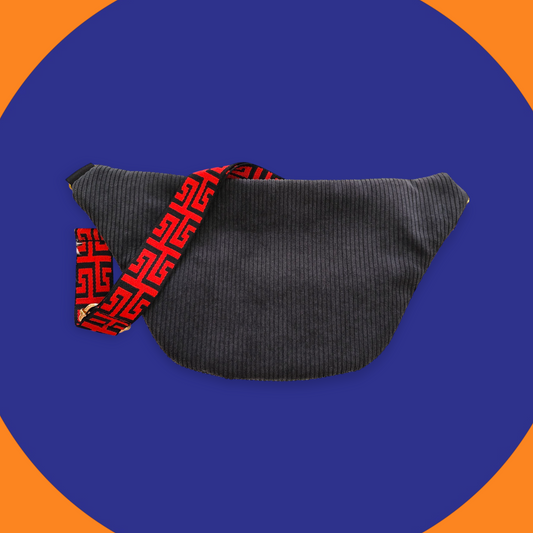 Sac banane velour côtelé noir détail rouge