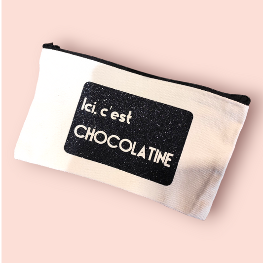 Petite Pochette à Zip écru "Ici c'est CHOCOLATINE" noir pailleté