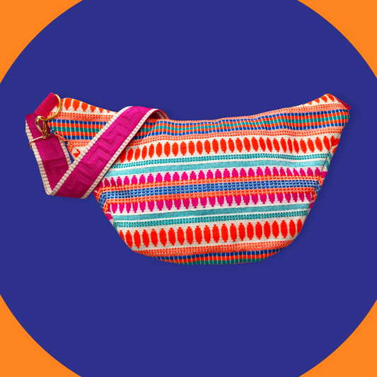 Sac banane motif coloré berbère capot cuir vegan doré