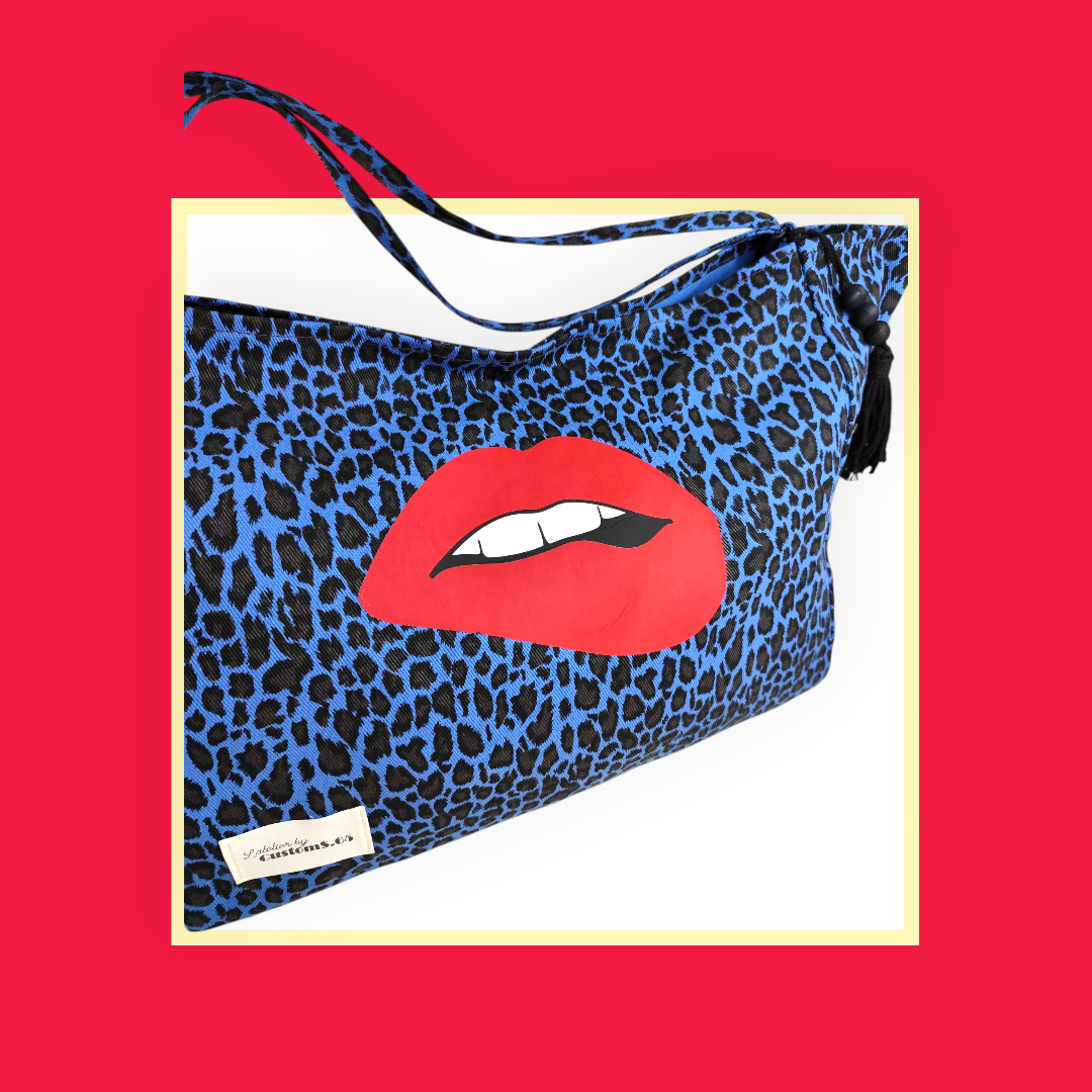 Sac Cabas léopard bleu bouche rouge