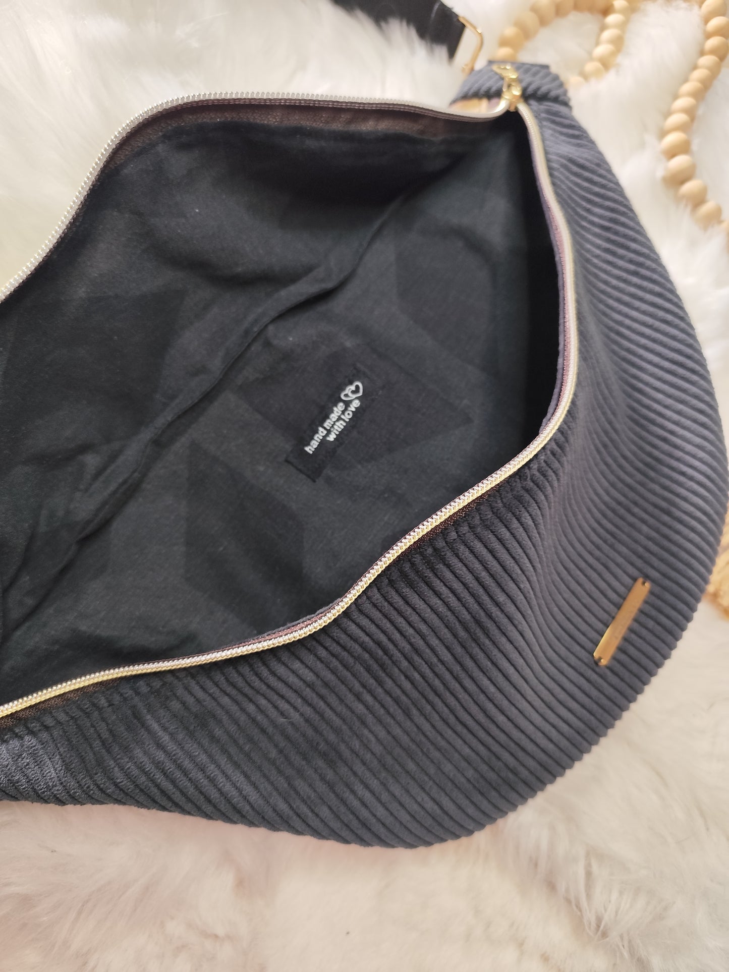 Sac banane velour côtelé noir capot léopard