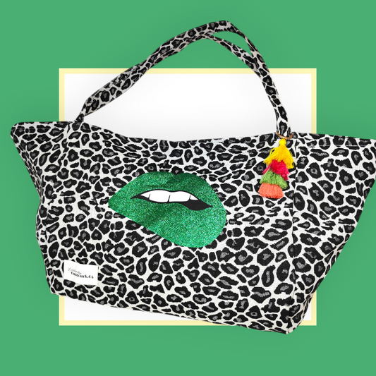 Sac Cabas léopard gris noir bouche verte pailleté