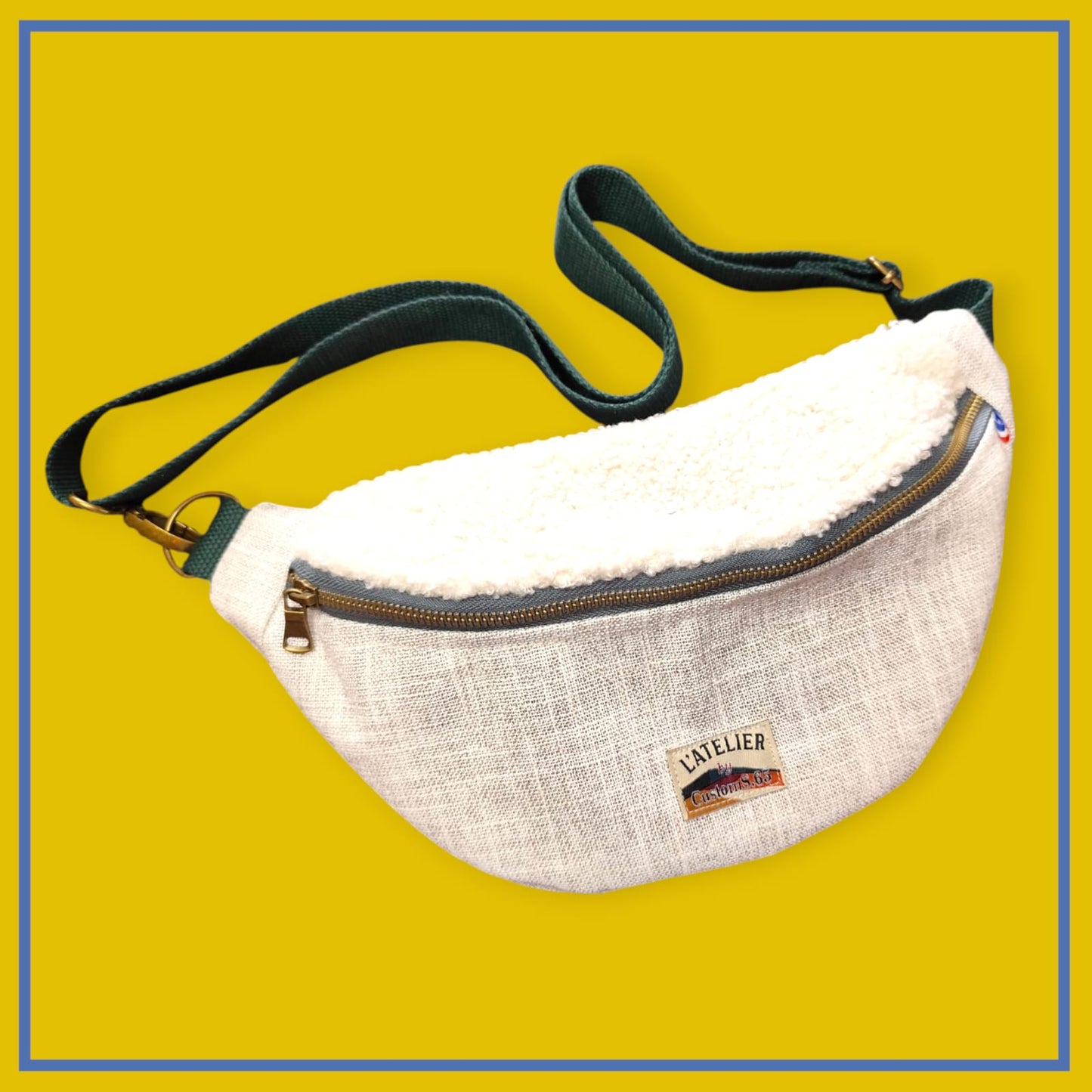 Sac banane gris clair chiné sangle vert sapin