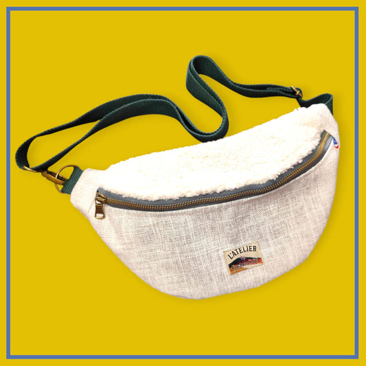 Sac banane gris clair chiné sangle vert sapin