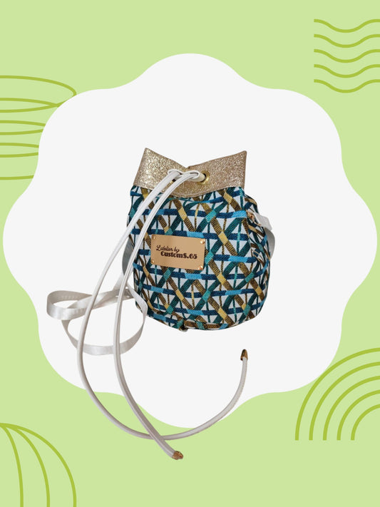 Sac seau jacquard blanc émeraude turquoise cuir vegan doré