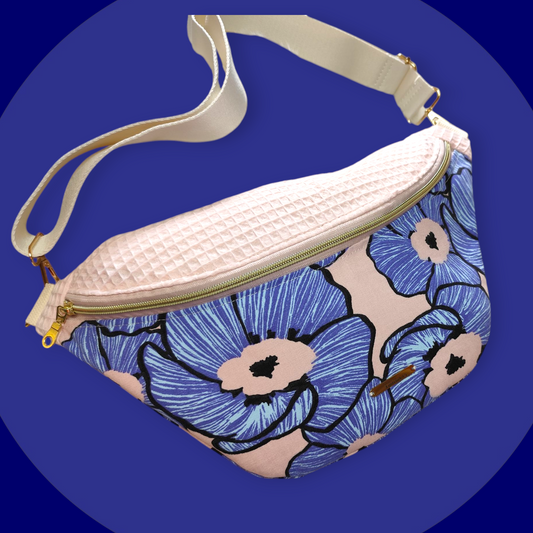 Sac banane grosse fleur bleu rose clair capot nid d'abeilles rose clair