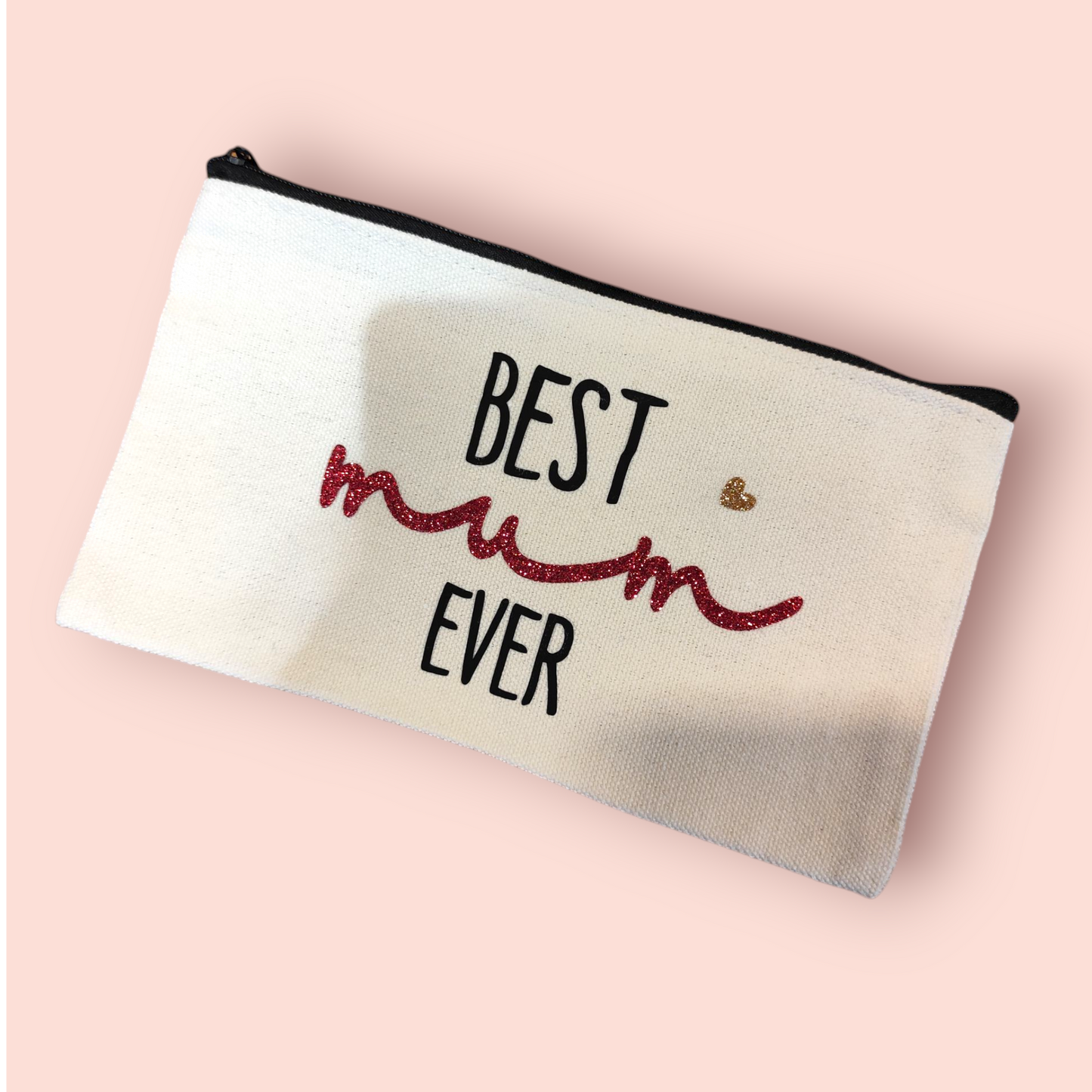 Petite Pochette à Zip écru "Best mum EVER" noir et rouge