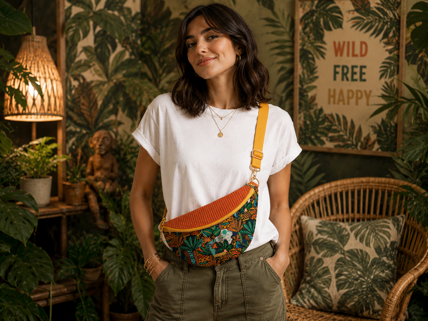 Sac banane tissu tropical capot nid d'abeilles brique