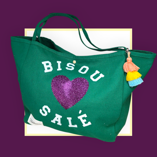 Sac Cabas vert bisou salé blanc coeur violet pailleté
