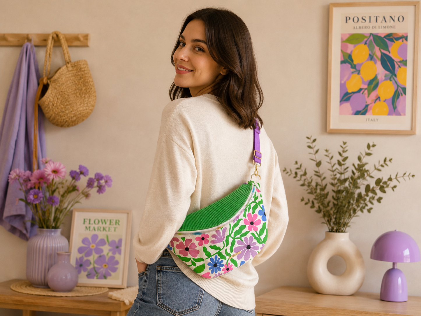Sac banane tissu fleuri capot velours côtelé vert Brésil