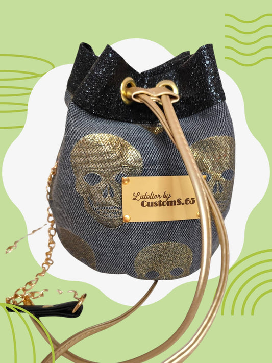 Sac seau tissu gris anthracite skull doré cuir vegan noir