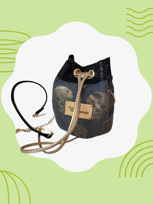 Sac seau tissu gris anthracite skull doré cuir vegan noir