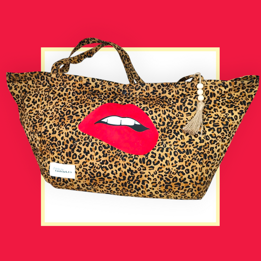 Sac Cabas léopard marron bouche rouge