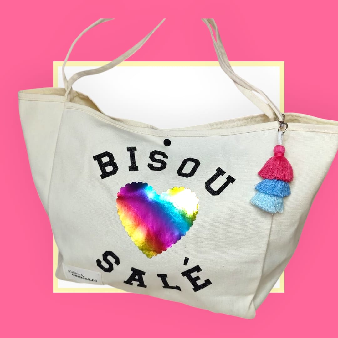 Sac Cabas écru bisou salé coeur caméléon