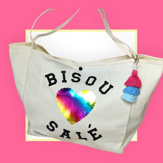 Sac Cabas écru bisou salé coeur caméléon