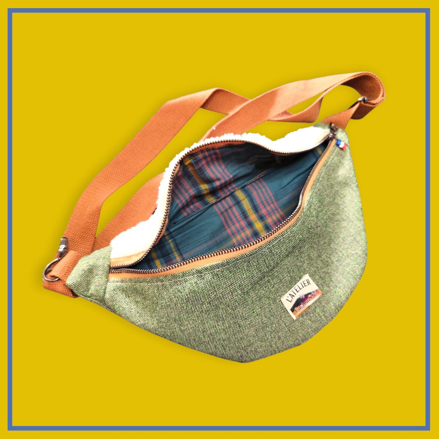 Sac banane vert kaki chiné sangle marron camel