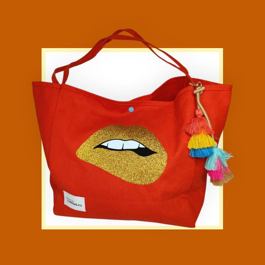 Sac Cabas orange bouche paillettes doré
