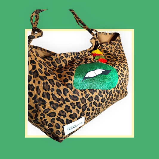 Sac Cabas léopard marron bouche vert pailletté