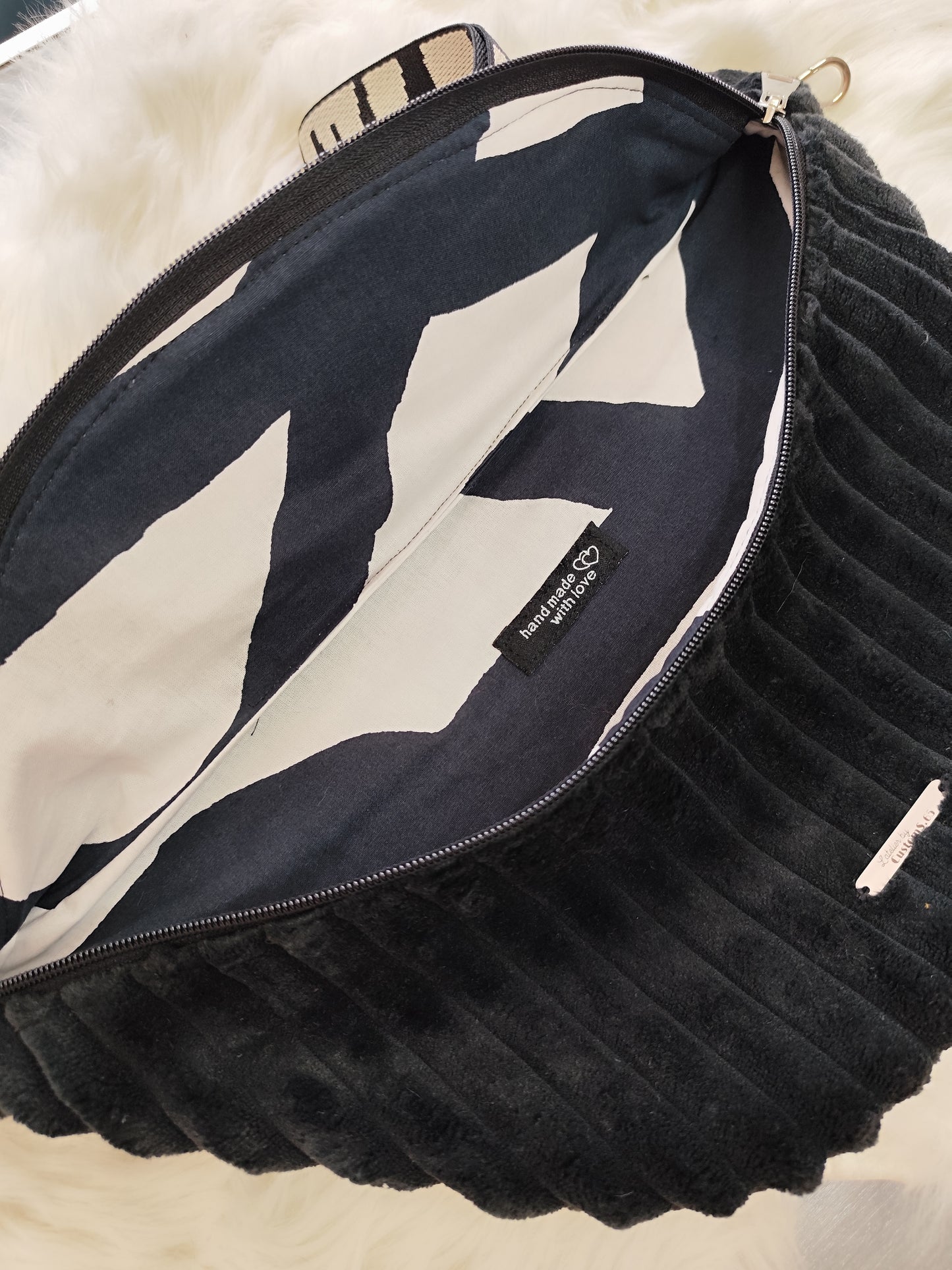 Sac banane velour très grosse côte noire